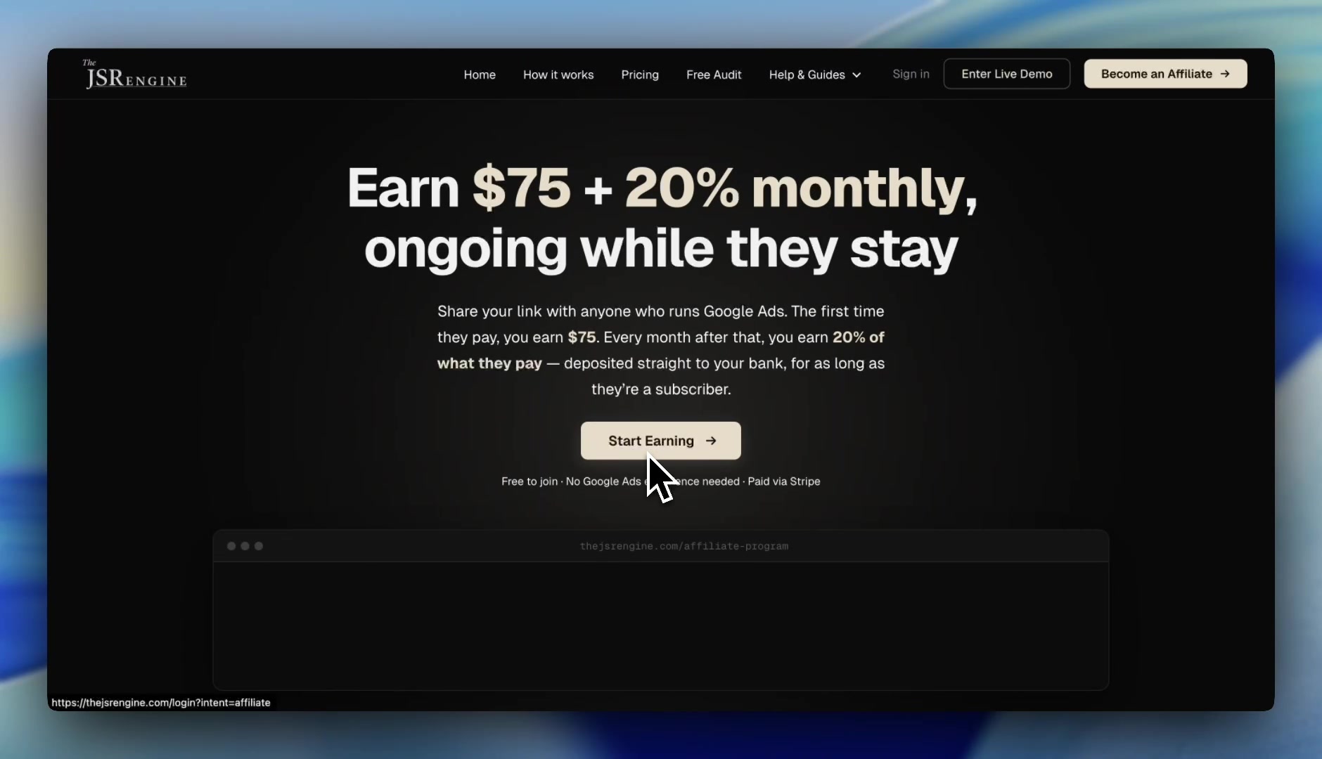 The JSR Engine affiliate dashboard preview