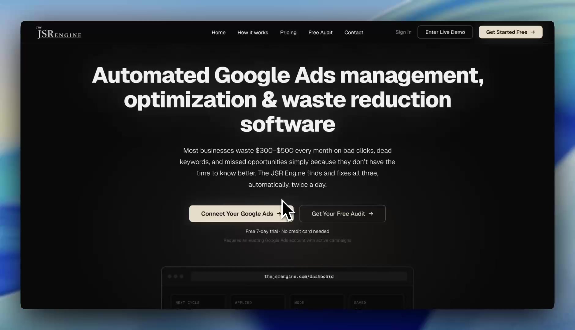 The JSR Engine dashboard showing real-time account metrics, performance summary, and money saved