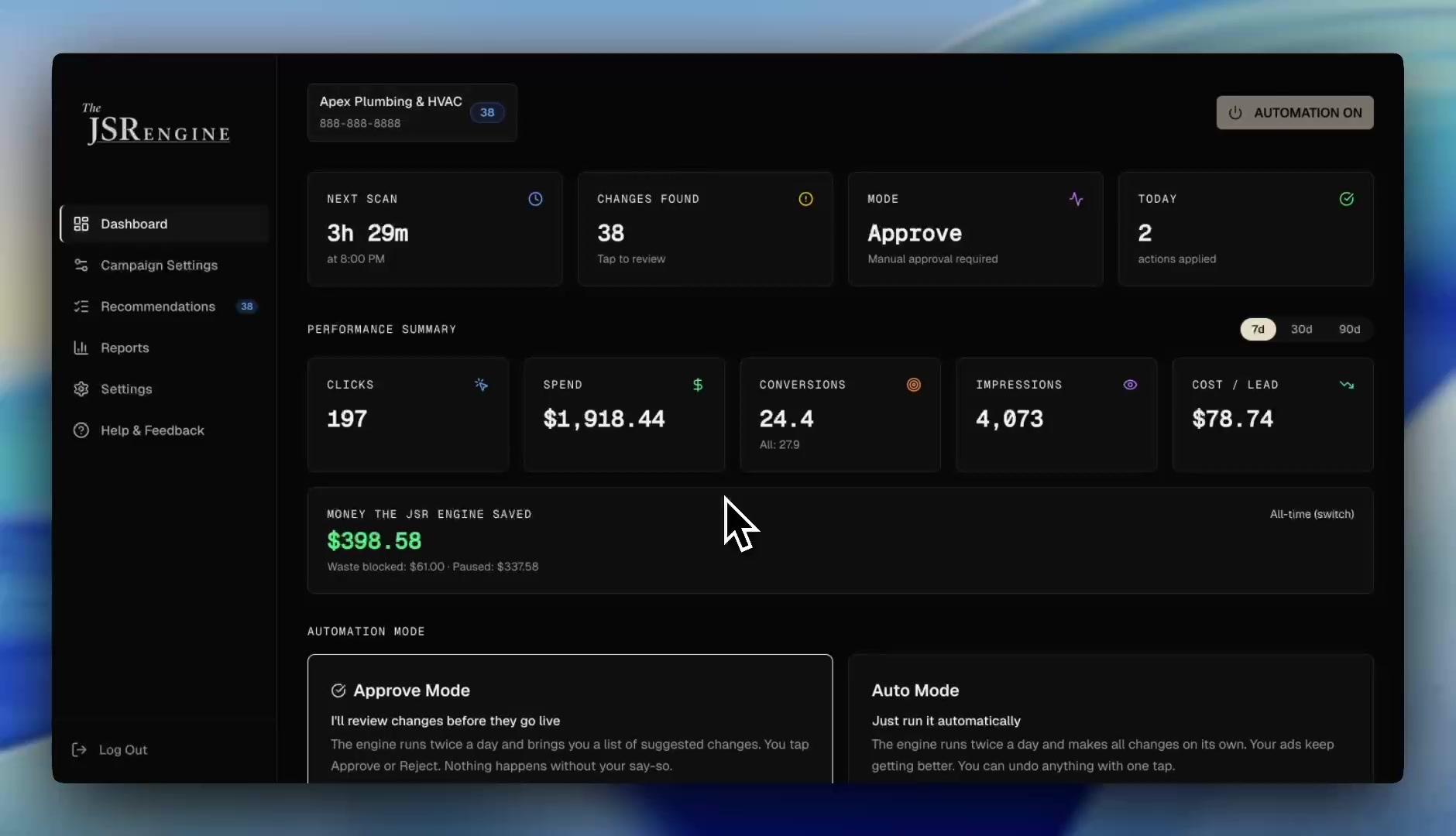 The JSR Engine dashboard