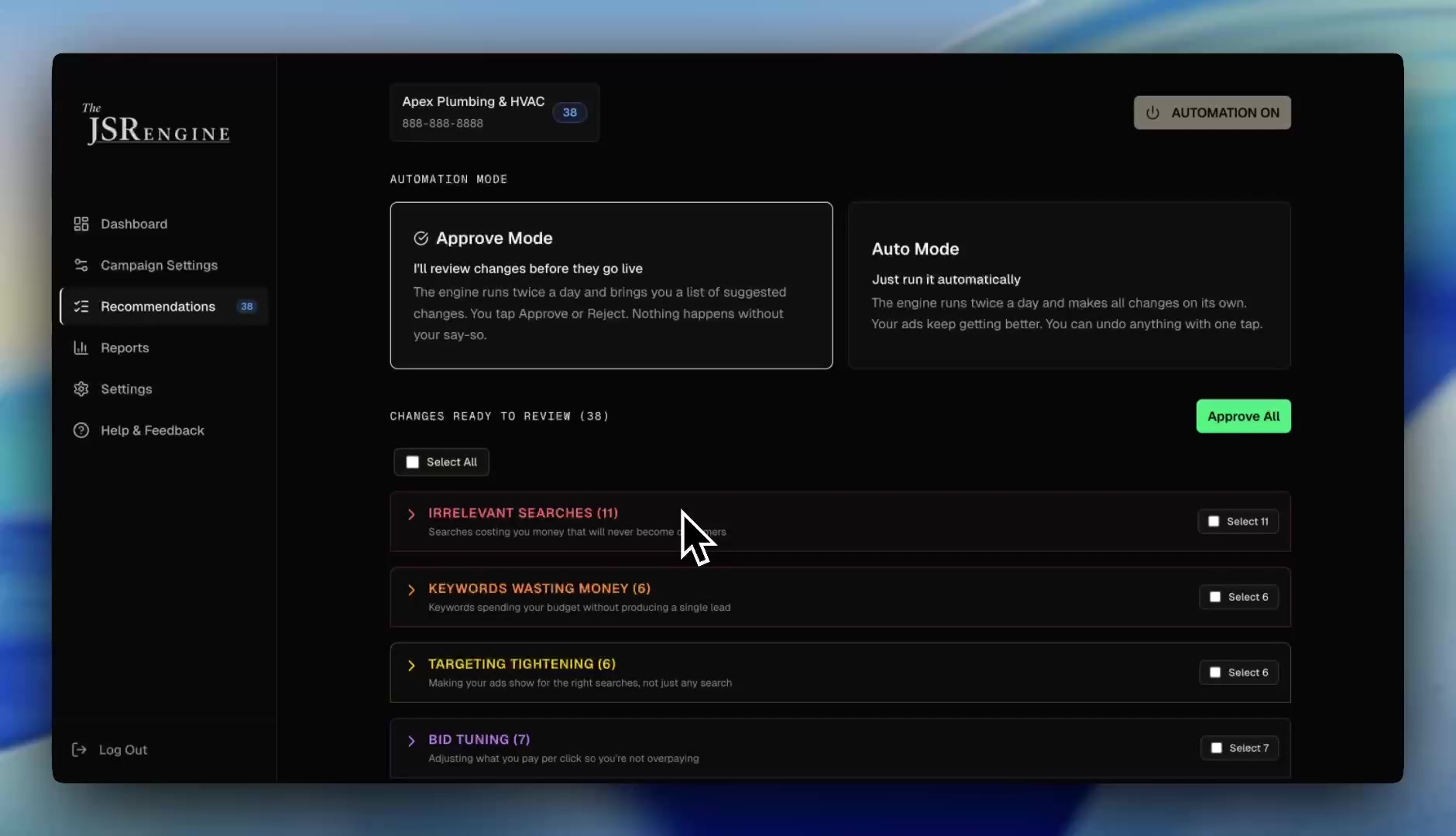 The JSR Engine recommendations page showing categorized changes ready to approve