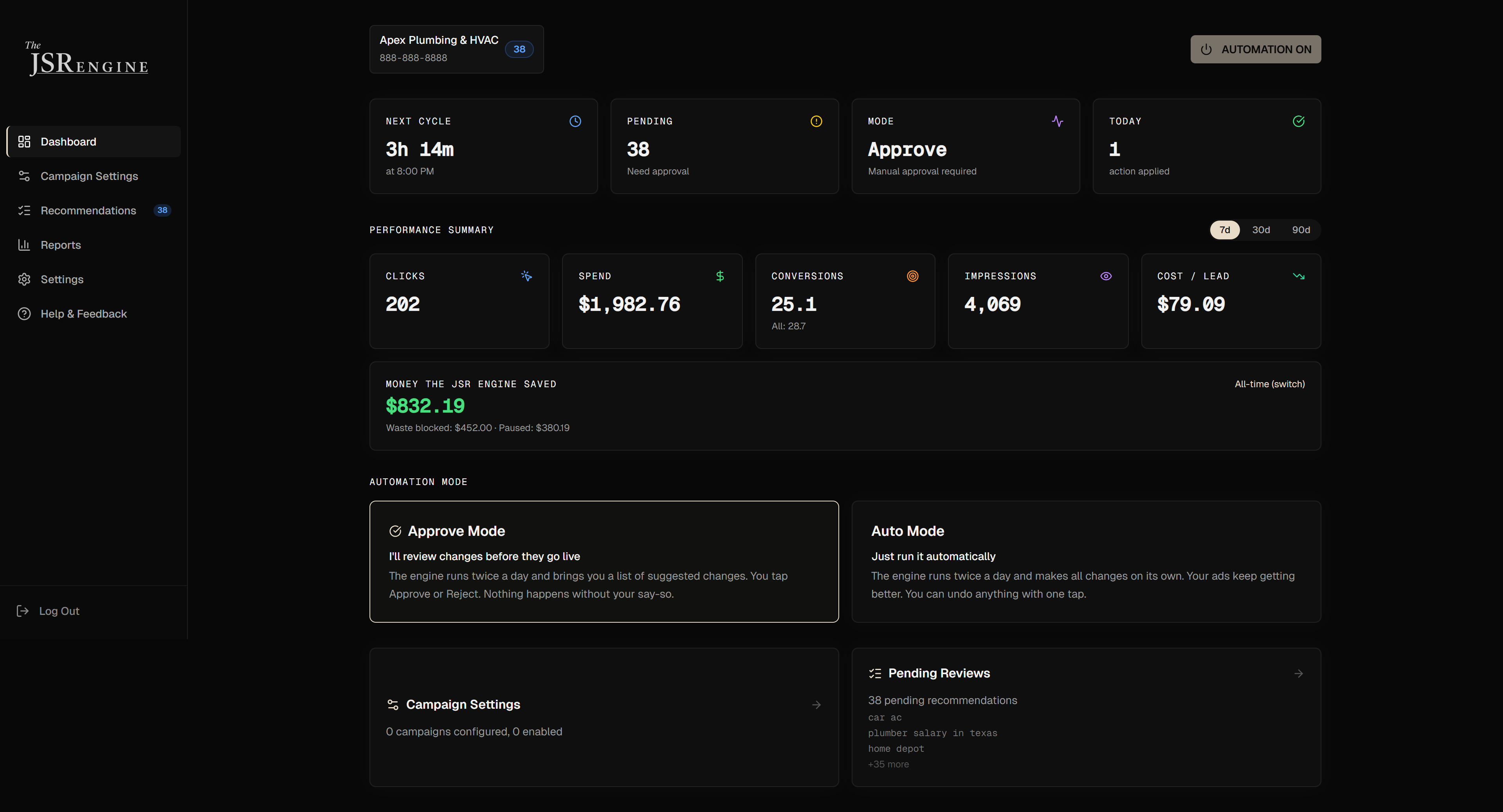 The JSR Engine dashboard showing real-time account metrics, performance summary, and money saved