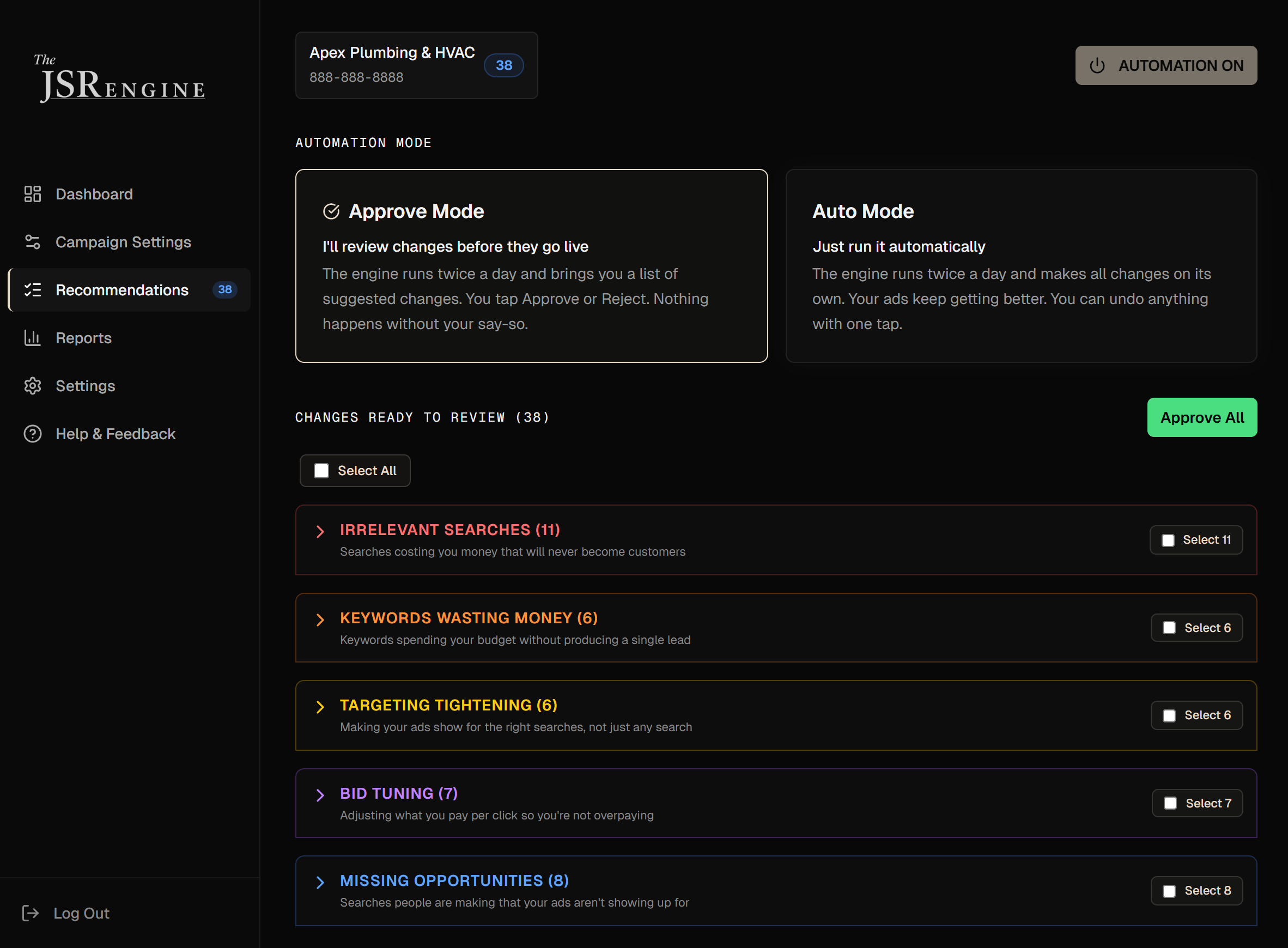 The JSR Engine recommendations page showing categorized changes ready to approve